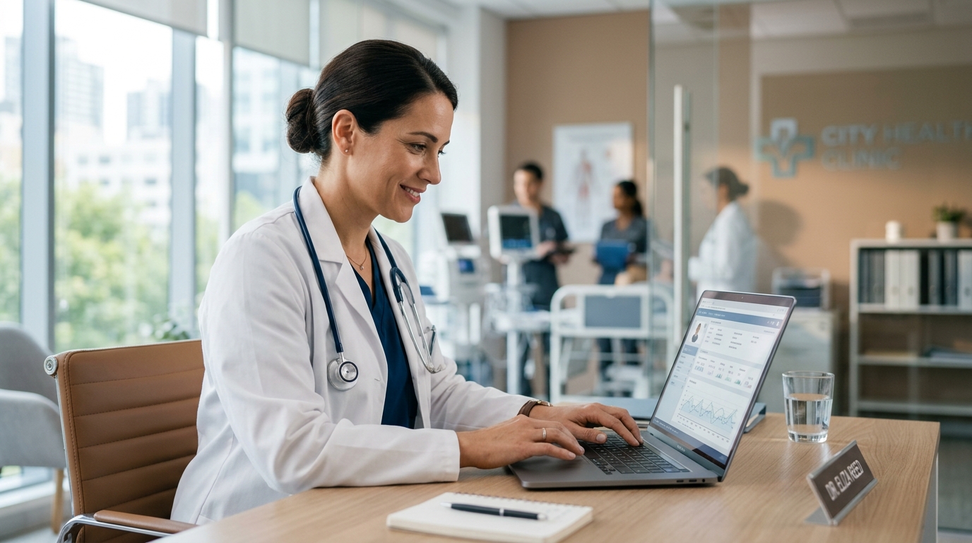 Doctora consultando laptop